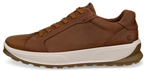 A brown leather sneaker with a white midsole.