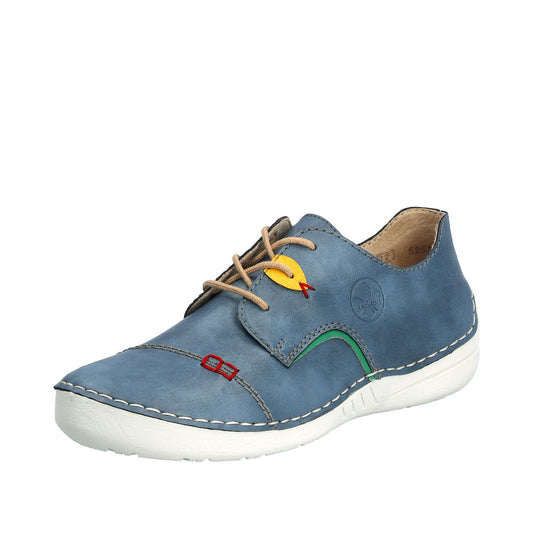 Blue lace-up shoe with colorful decorative stitching.