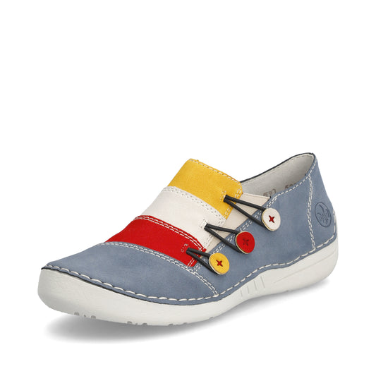 A blue, red, white, and yellow casual shoe with decorative buttons.