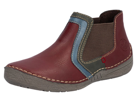 Reddish-brown ankle boot with blue and green trim and elastic goring.