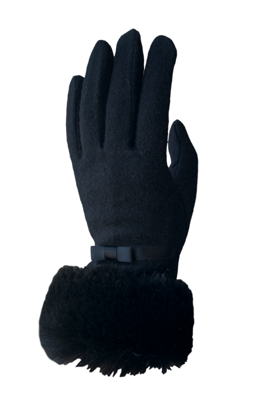 A black glove with fur trim and a ribbon.