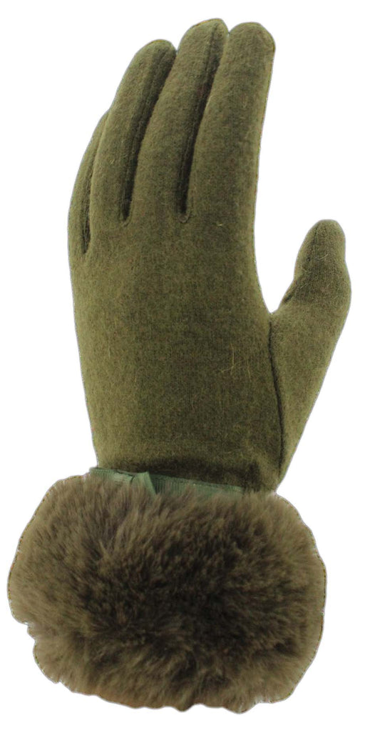 Green glove with fur wrist trim.