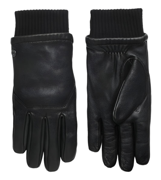 Two black leather gloves with knit cuffs are shown. One glove is turned so the palm side is visible, and the other is turned so the back of the hand is visible. 