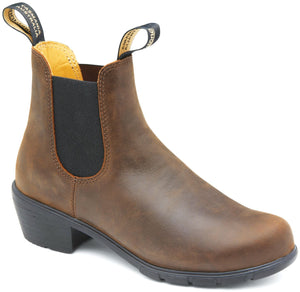 Brown leather Chelsea boot with a black heel and elastic side panel.  The pull tabs have yellow lettering.