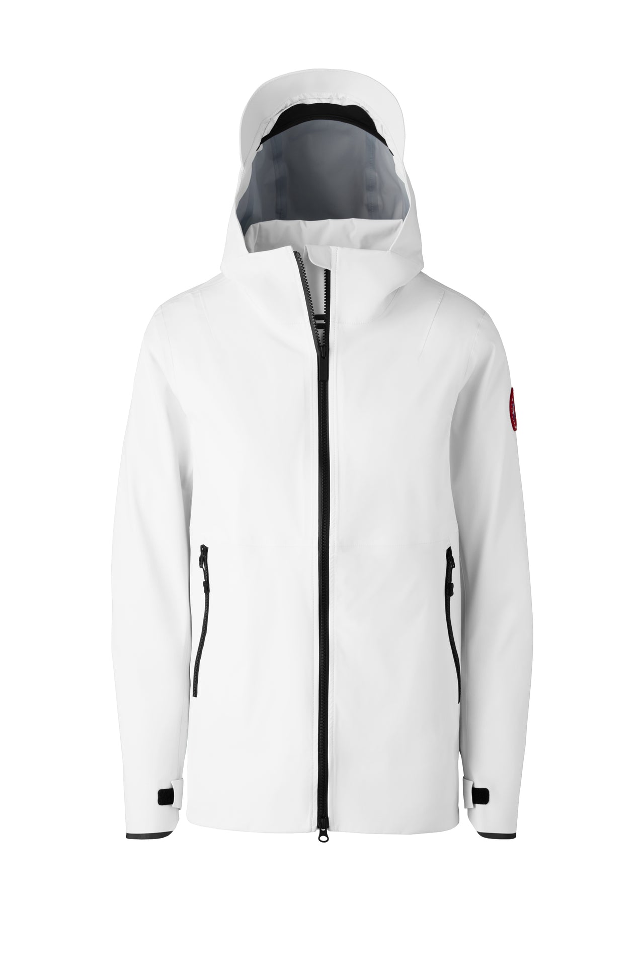 A white, hooded, long-sleeved jacket featuring black zippers and toggle cords.