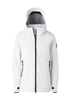 A white, hooded, long-sleeved jacket featuring black zippers and toggle cords.