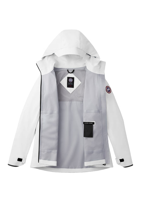 Open, white hooded jacket with black zipper.