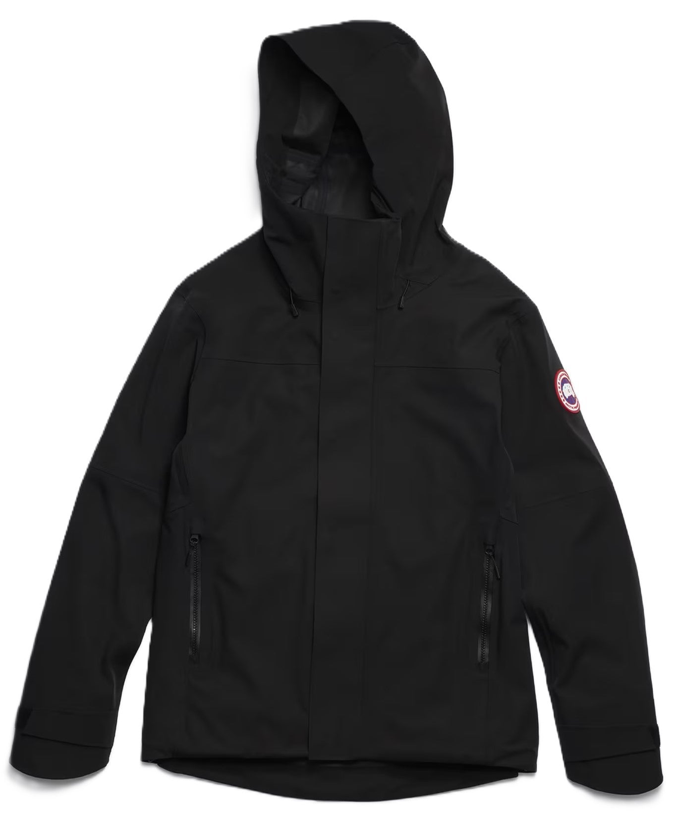 Black hooded jacket with a logo on the right sleeve.