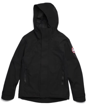Black hooded jacket with a logo on the right sleeve.