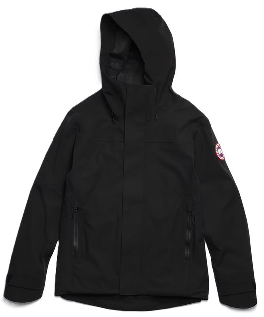 Black hooded jacket with a logo on the right sleeve.