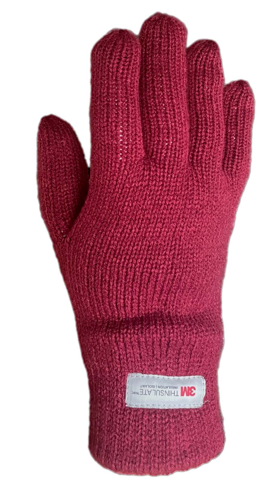 Red knit glove with 3M Thinsulate tag on the wrist.