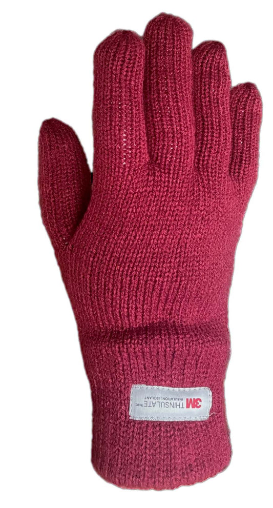 Red knit glove with 3M Thinsulate tag on the wrist.