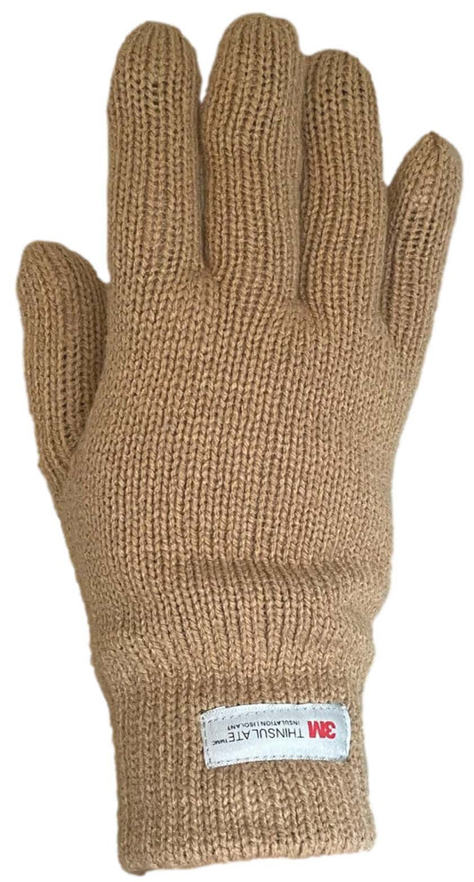 Tan knitted glove with 3M Thinsulate tag