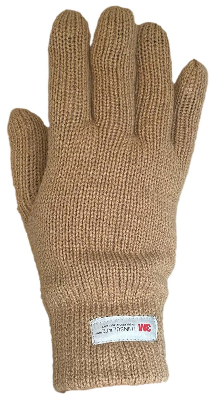 Tan knitted glove with 3M Thinsulate tag