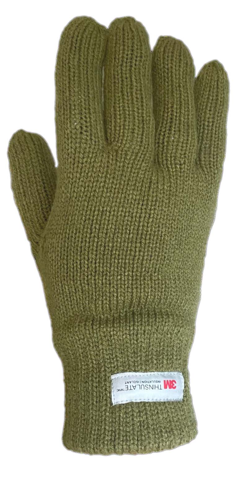 Olive green knitted glove with a 3M Thinsulate label on the wrist.