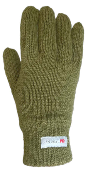 Olive green knitted glove with a 3M Thinsulate label on the wrist.