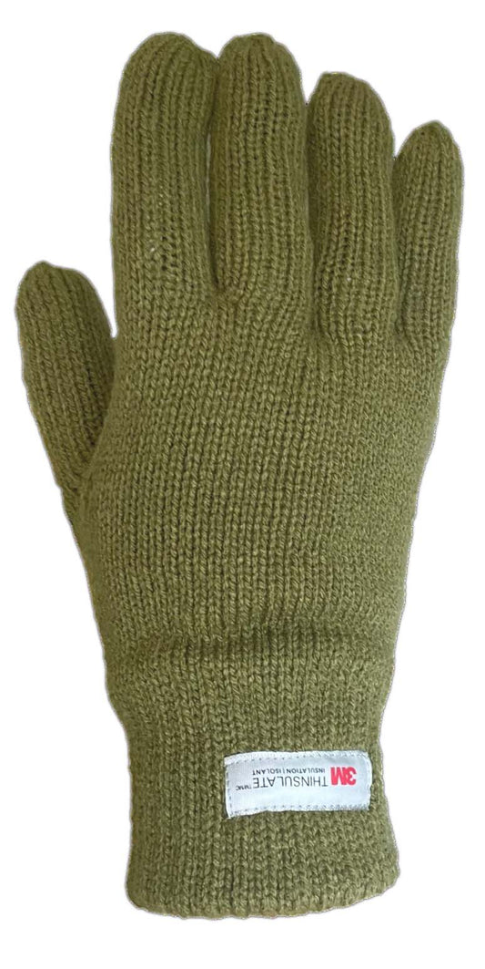 Olive green knitted glove with a 3M Thinsulate label on the wrist.
