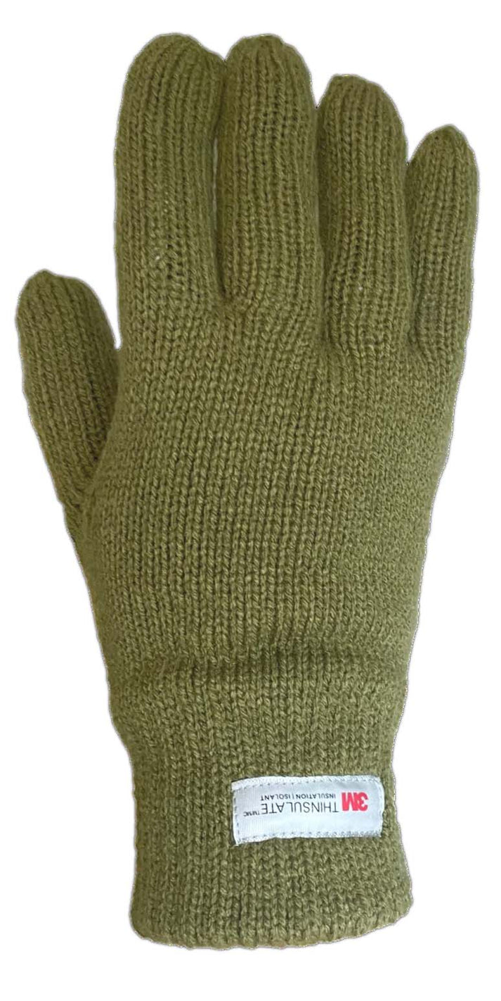 Olive green knitted glove with a 3M Thinsulate label on the wrist.
