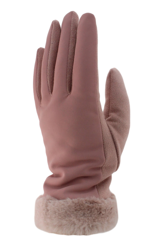 A suede rose-colored glove with fur trim around the wrist