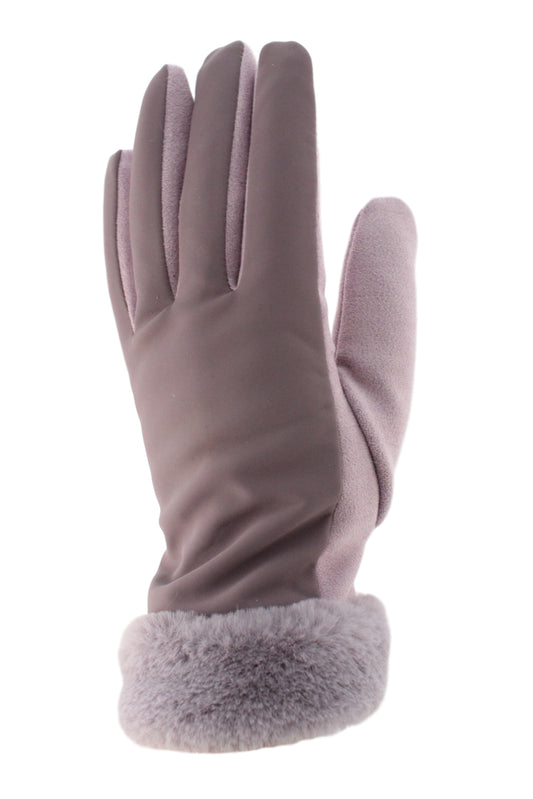 A lavender-grey glove with furry trim.