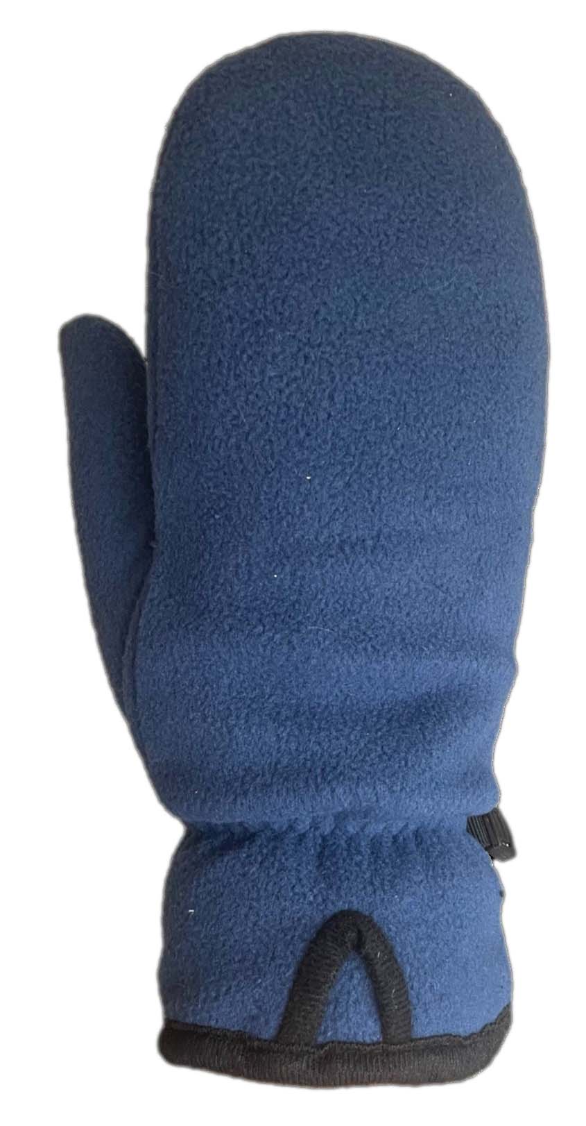 Blue fleece mitten with black trim, side view.