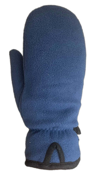 Blue fleece mitten with black trim, side view.