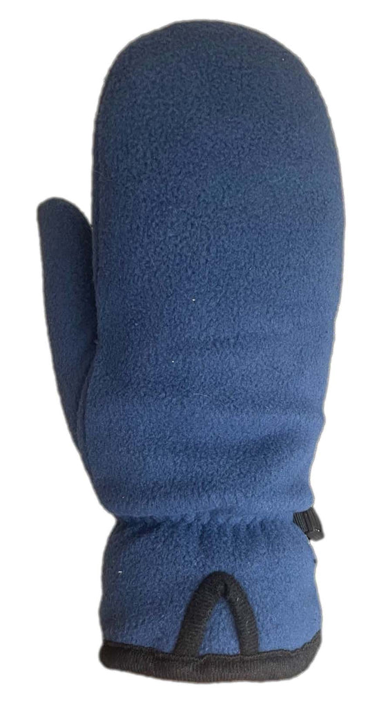 Blue fleece mitten with black trim, side view.