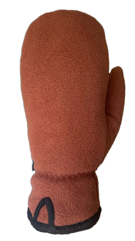 Rust-colored fleece mitten with a dark trim on the cuff.