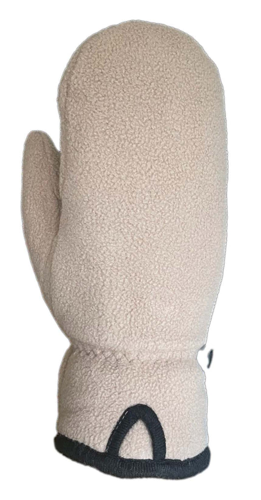 Beige fleece mitten with black trim at the wrist.