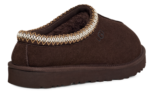 Brown slipper with decorative stitching around the opening.