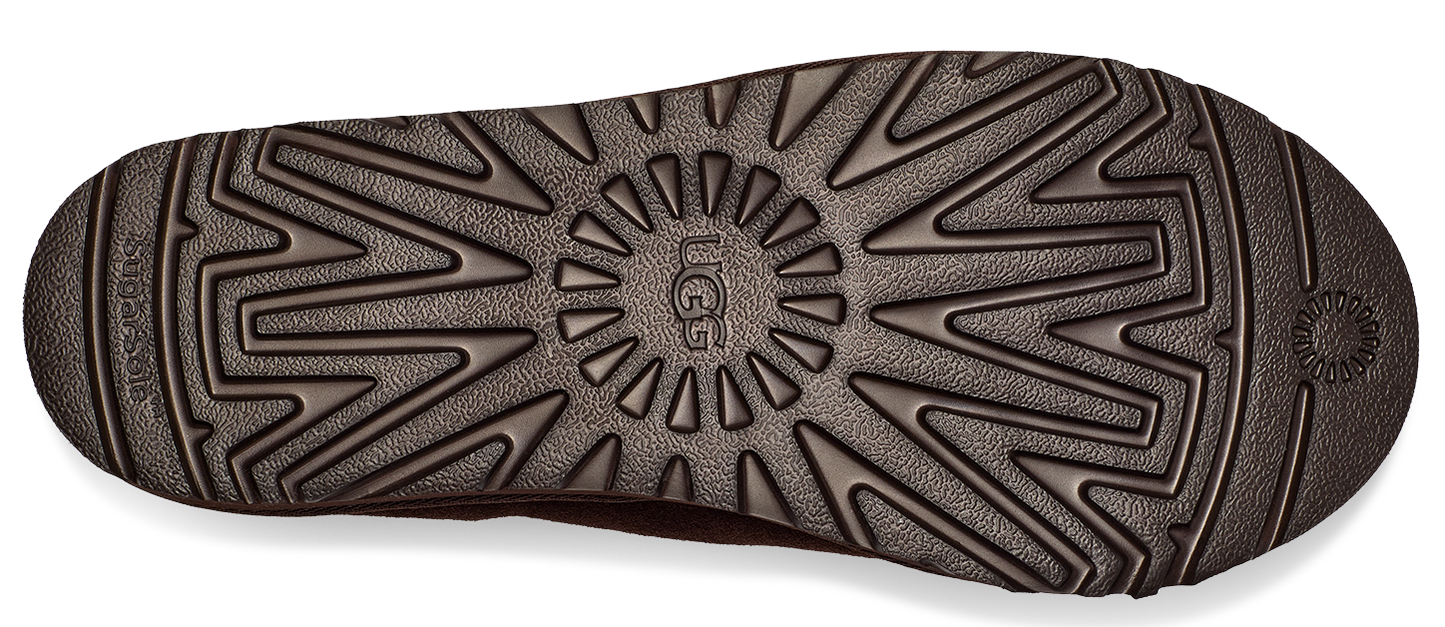 UGG brand logo on the sole of a shoe with a radial lug pattern.