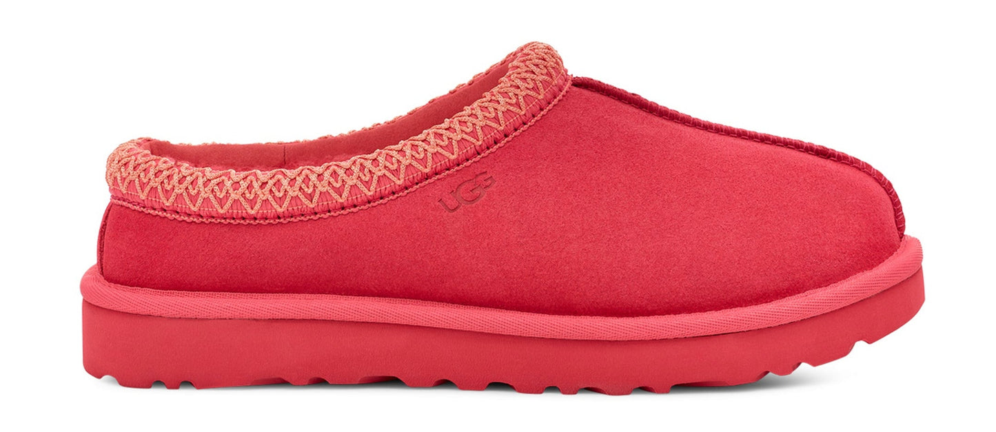 A side view of a red slipper.
