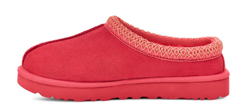 Red clog slipper with trim around the opening.