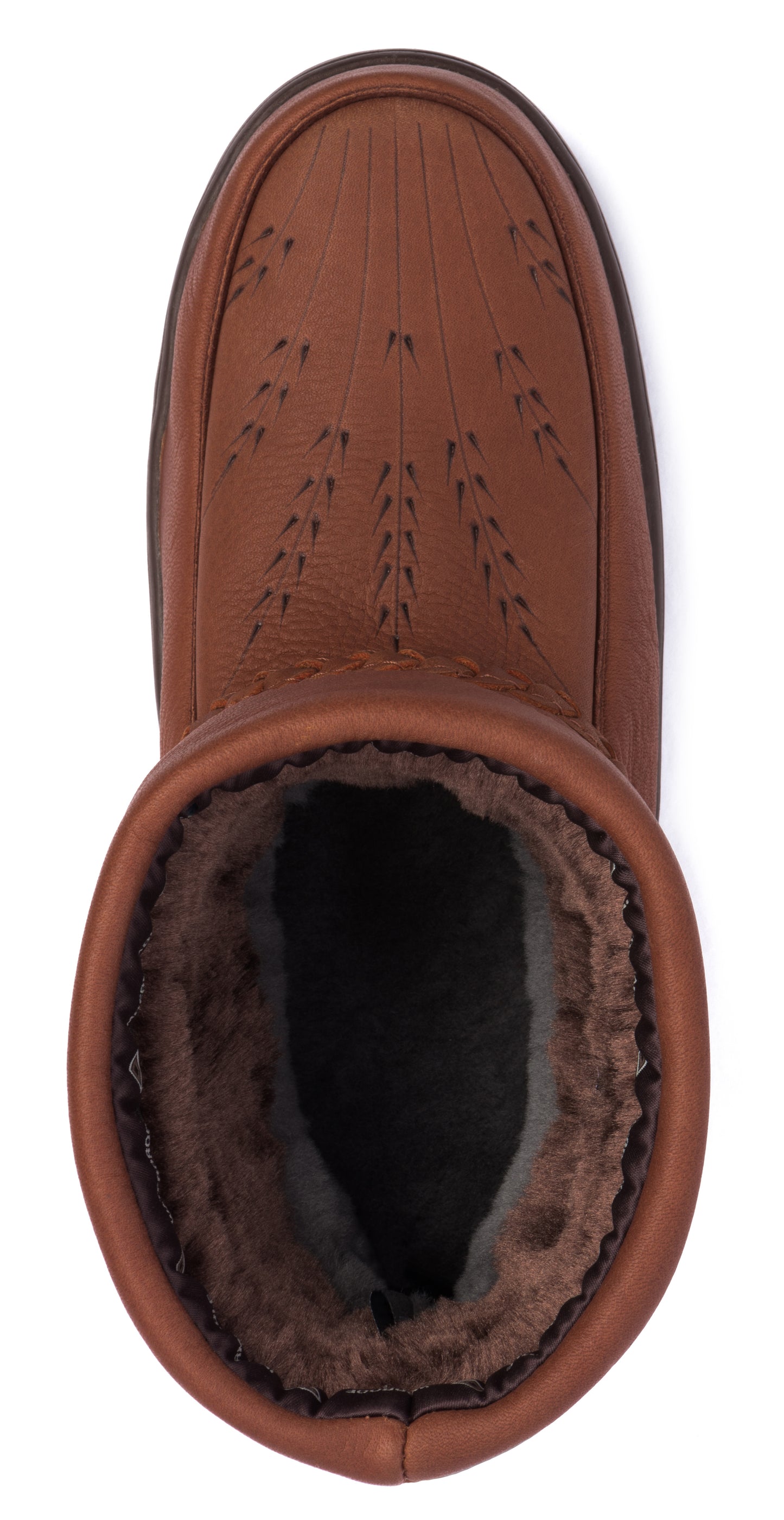 Top-down view of brown leather boot with fur lining.