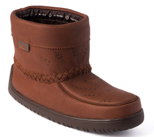 Brown leather ankle boot with braided trim.