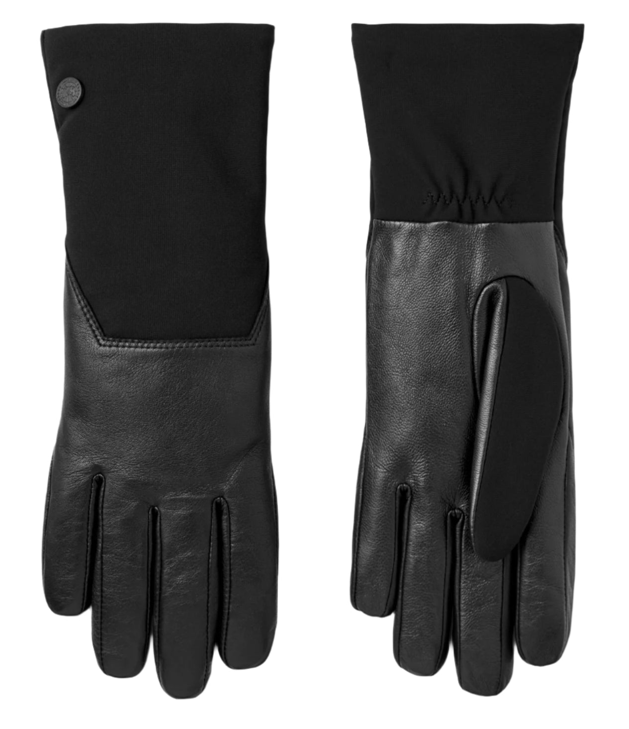 A pair of gloves, wrist-high, black leather hands and a solid-black nylon top.