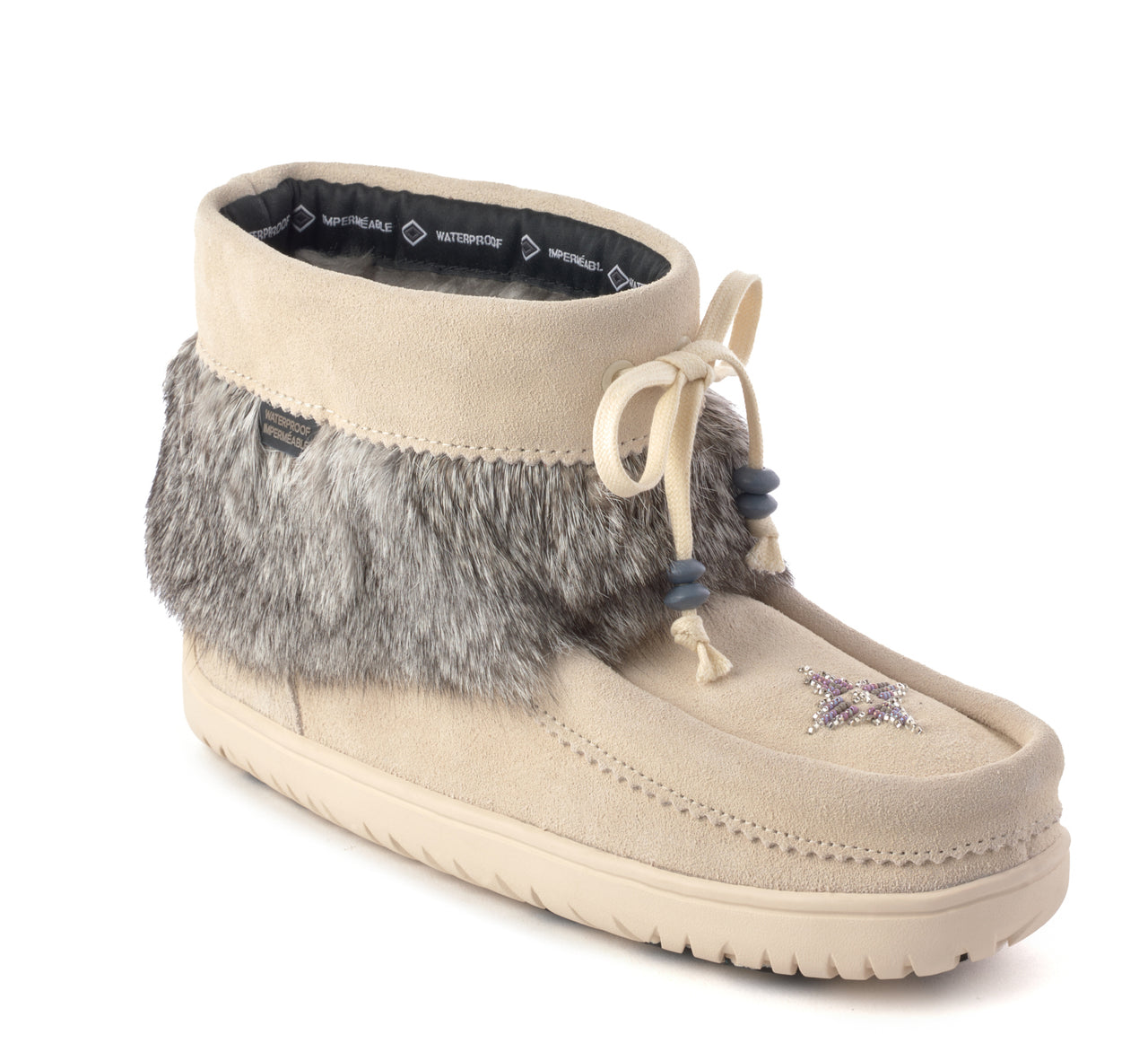 Beige ankle-high moccasin slipper with gray faux fur trim and front laces.