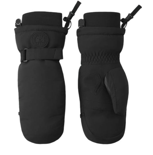 Two black, insulated mittens with adjustable straps, one showing the palm side with textured grip and thumb detail, the other showing the back with a circular emblem.