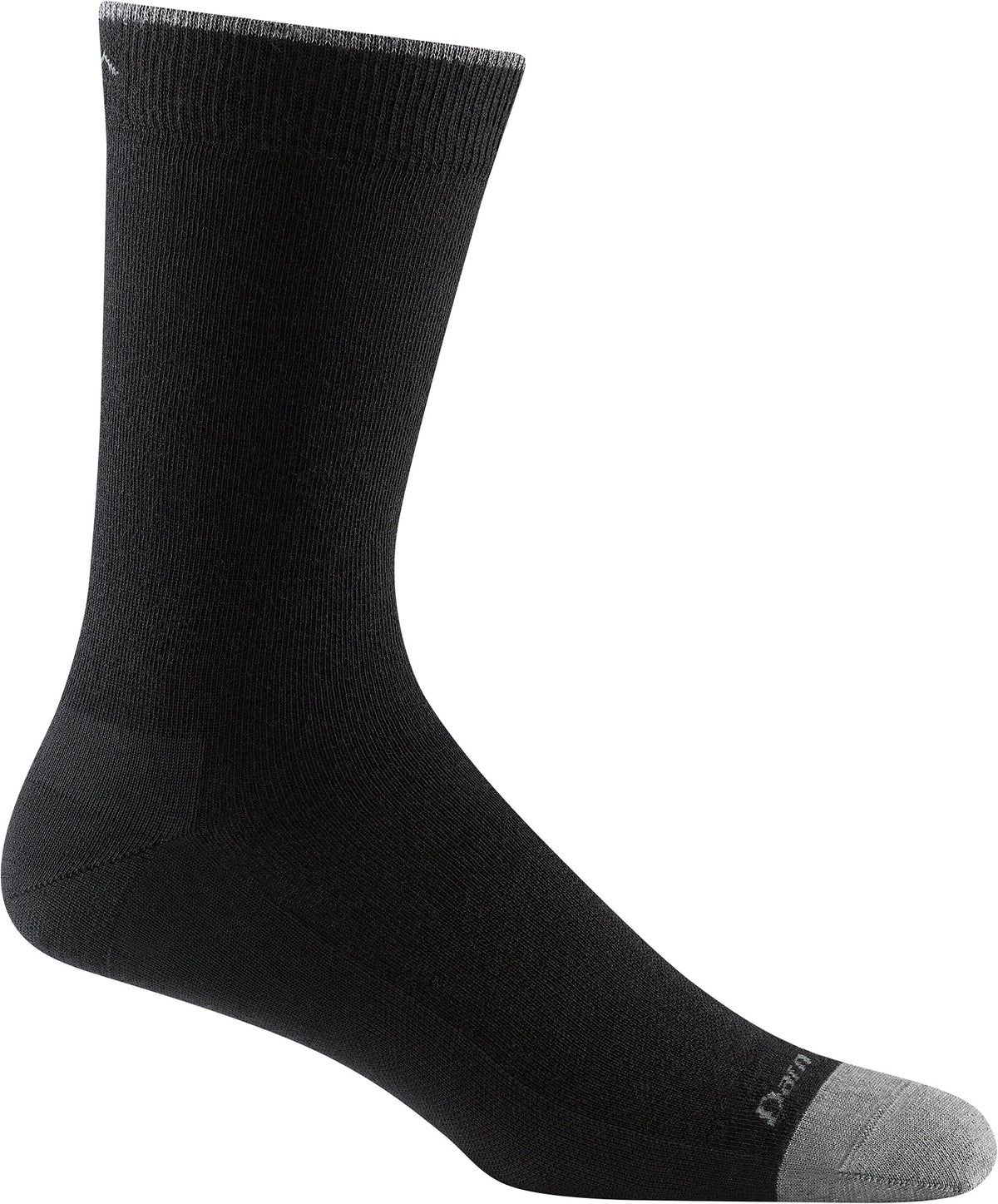 A solid black mid-calf sock with a light gray heel and toe, featuring the word 'Darn' visible in small letters on the toe section.