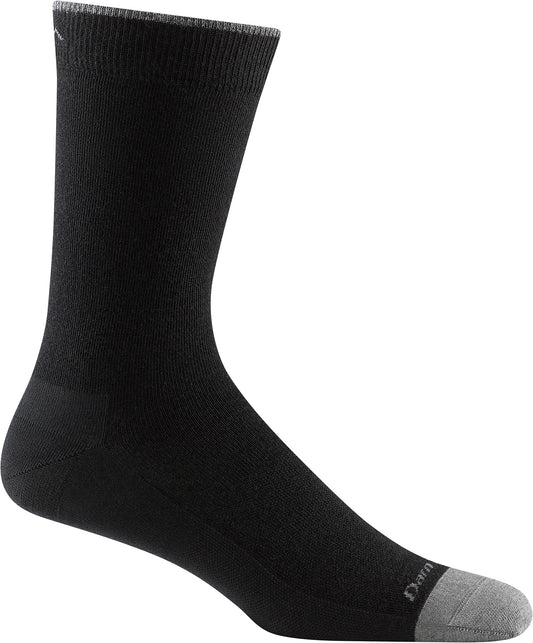 A solid black mid-calf sock with a light gray heel and toe, featuring the word 'Darn' visible in small letters on the toe section.