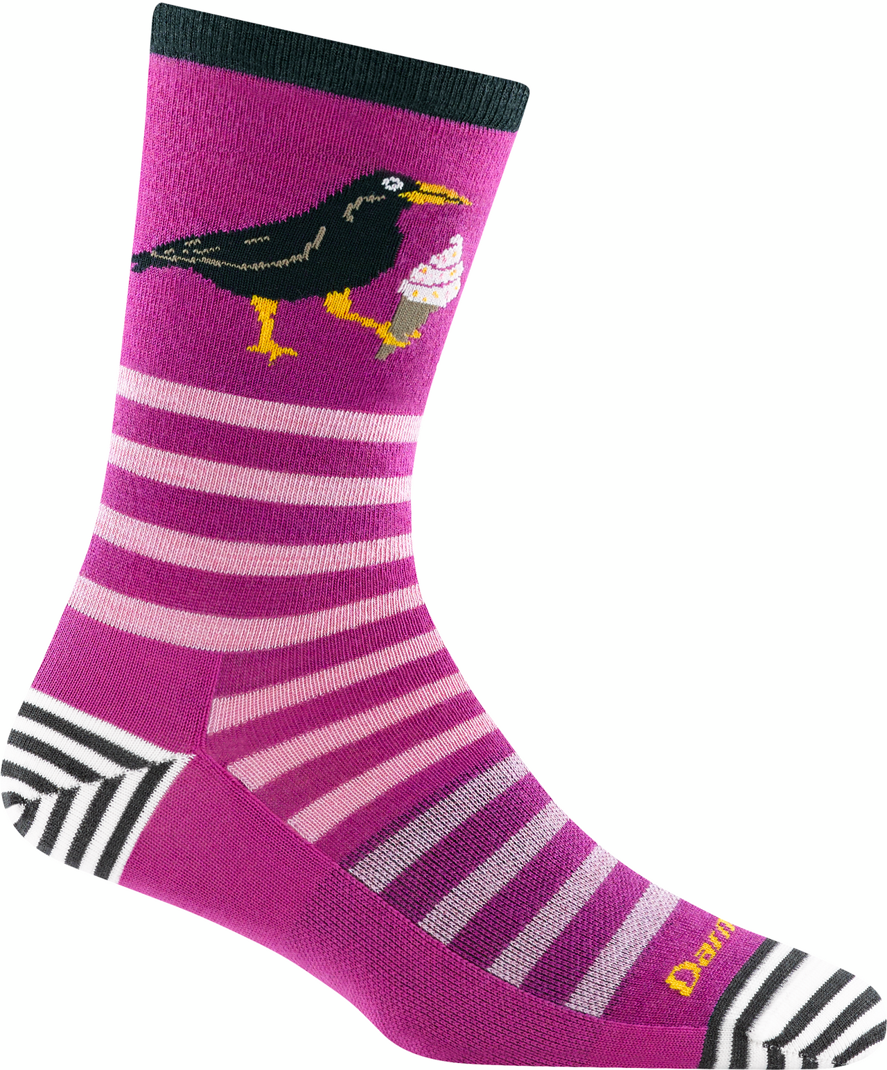 Magenta sock with alternating magenta and light pink stripes, a black crow graphic holding an ice cream cone, black and white striped heel, and black upper portion.