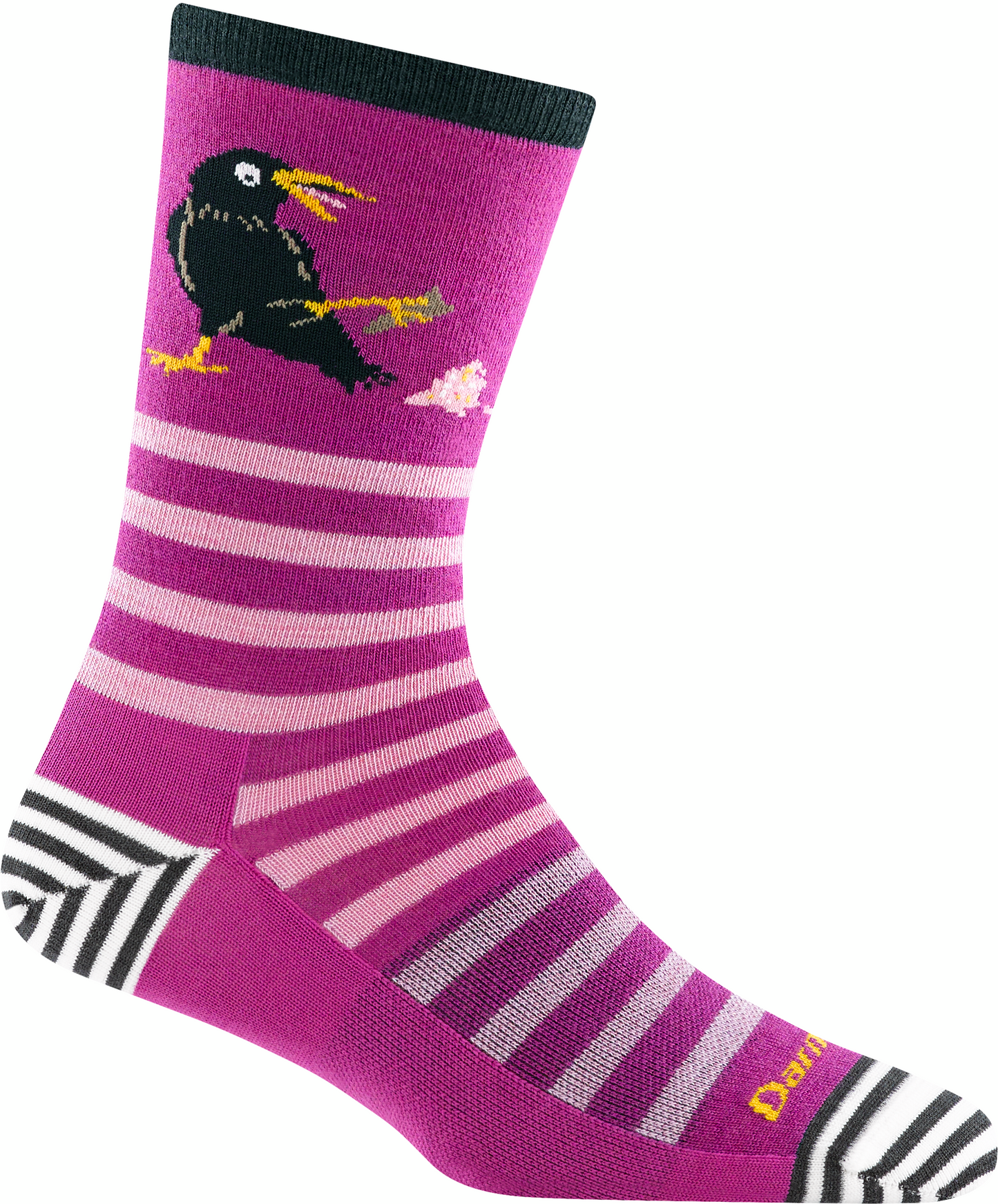 Purple crew sock with a black, yellow-beaked bird and pink/white stripes.