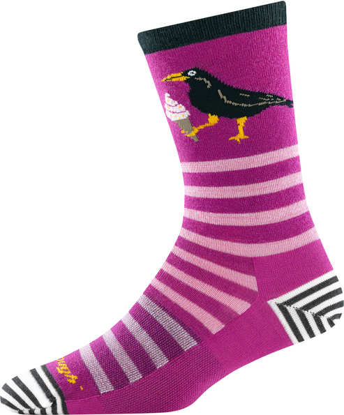 Striped sock with a black bird holding an ice cream cone.