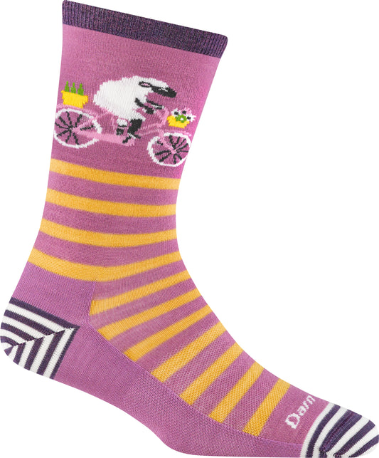 Purple sock with yellow stripes, sheep on a pink bicycle, and a purple toe and heel.