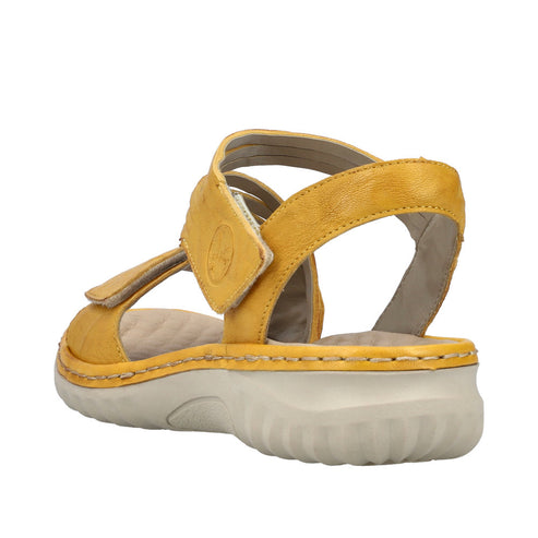 Back view of yellow rieker sandal with hook and loop straps.