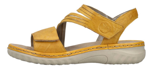 A yellow sandal with multiple straps and a velcro closure.