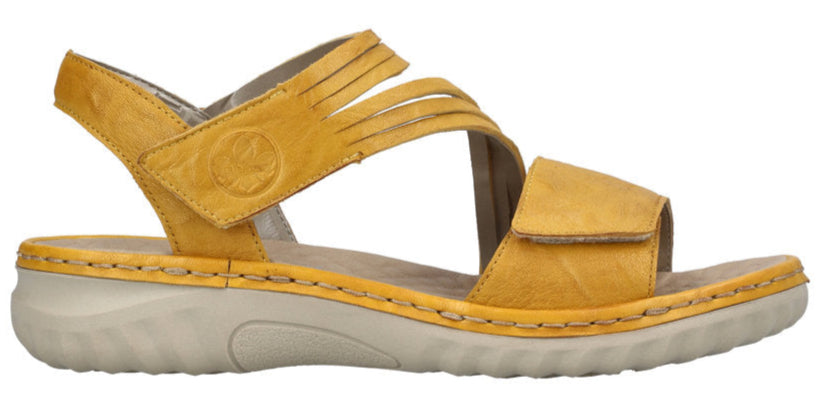 A golden sandal with multiple straps.