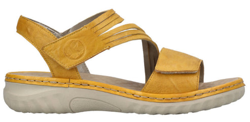 A golden sandal with multiple straps.