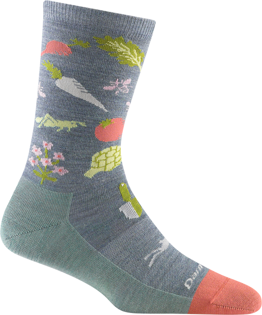 A sock with garden vegetables printed on it and a reinforced heel and toe.