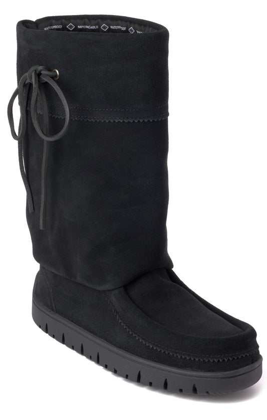 Black tall boot with a moccasin-style foot and drawstring.
